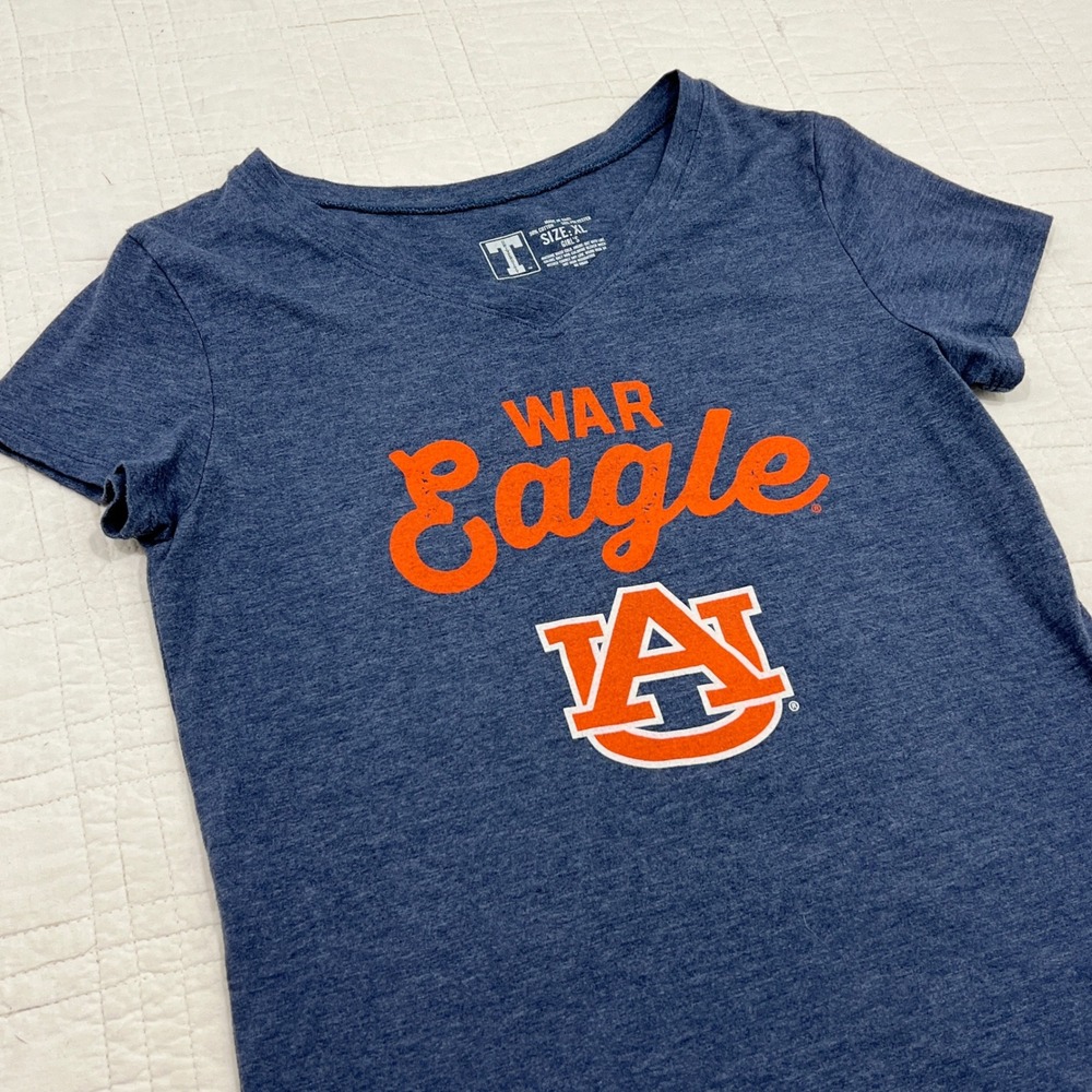 Auburn University War Eagle Girls XL V-Neck Graphic Tee Navy Blue NCAA Shirt